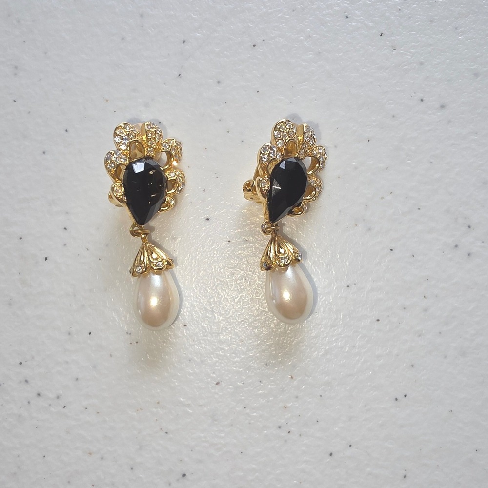 Vintage Gold Tone Black Onyx Style Rhinestone Faux Pearl Clip On Drop Earrings